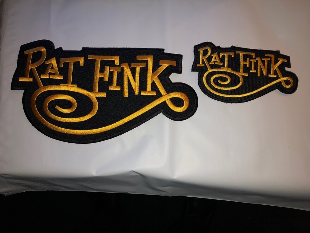 BIG DADDYROTH RATFINK SCRIPT BLACK/GOLD LARGE-SMALL 2 PIECE LOT IRON ON PATCHs