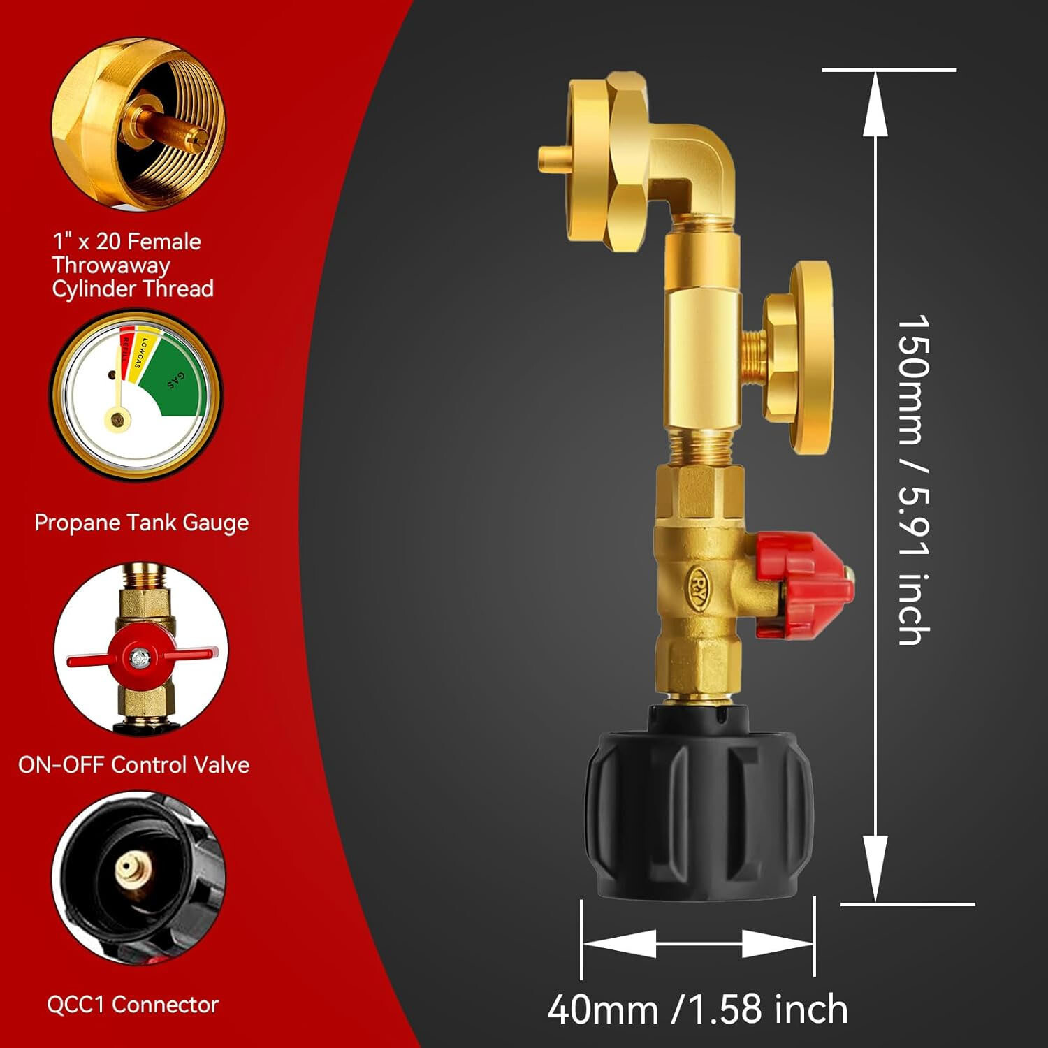 Propane Refill Adapter 20lb to 1lb, 90° Elbow, ON/OFF Valve & Gauge, Leak-Proof