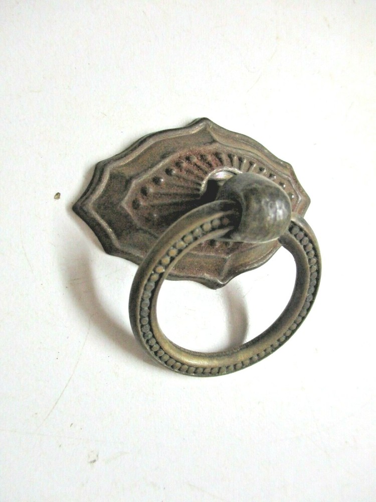 Small 1900s Aged Dark Brass Plated Drop Ring Pull Handle & Backplate 1 Antique