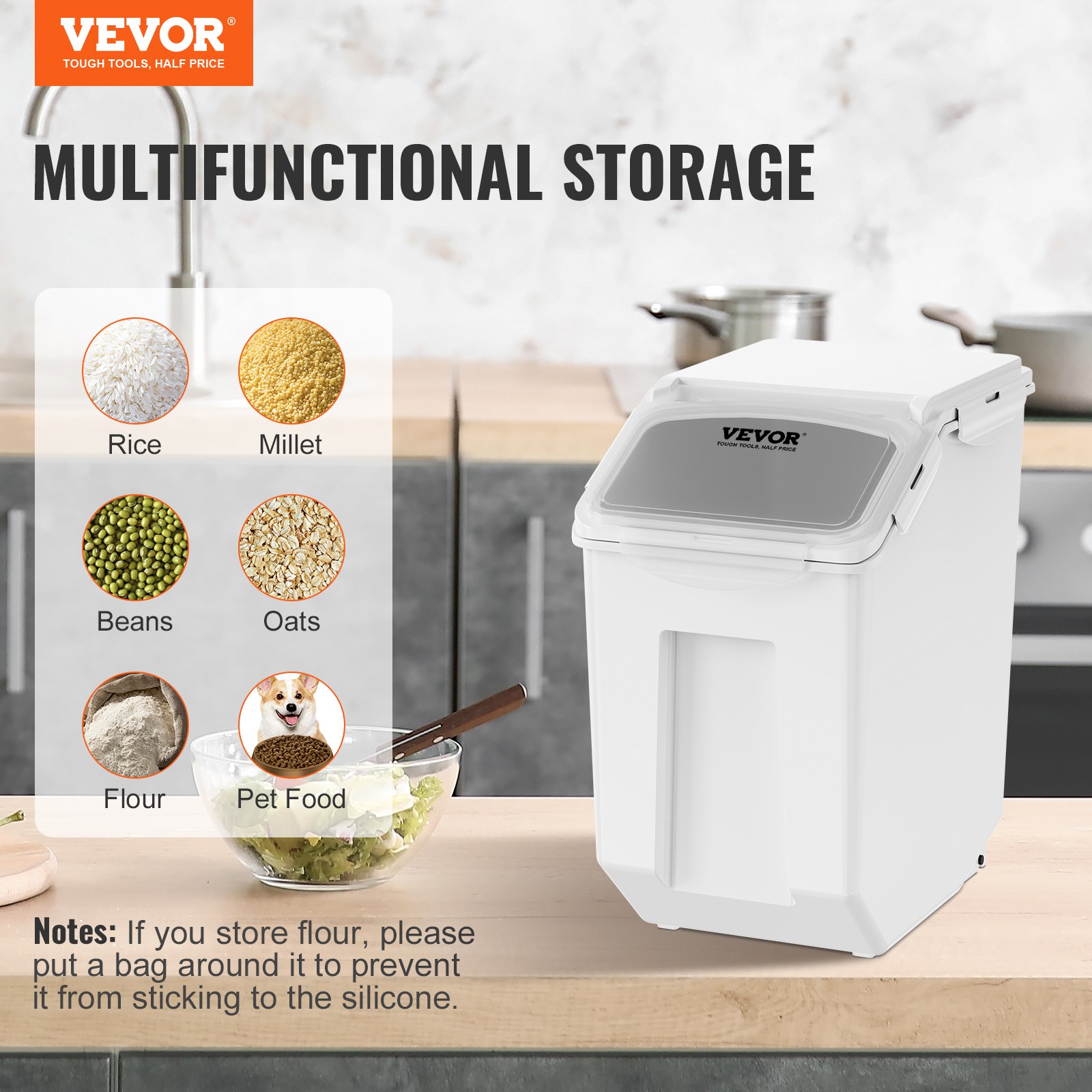 VEVOR Mobile Ingredient Bin Storage Container 2 x 15L Capacity Slant Top White