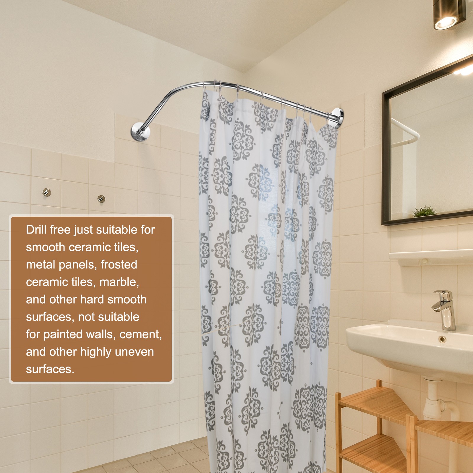 Stainless Steel L Shaped Corner Shower Curtain Rod 75-95cm/30"-37"