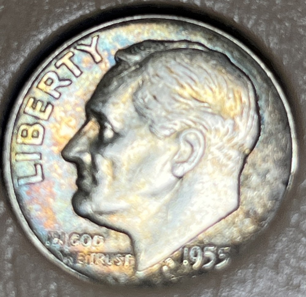 1955 D Roosevelt Silver Dime Rainbow Toning Uncirculated