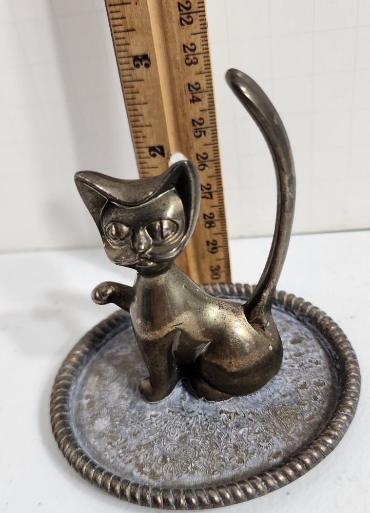 Vintage Silver Plate Cat Ring Holder Trinket Dish