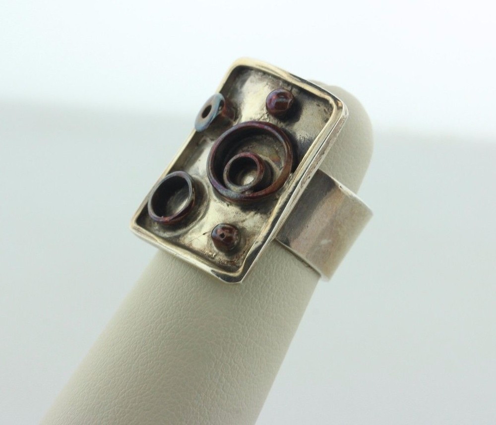 Handcrafted Sterling Silver 925 Square with Copper Circles Ring - Adjustable