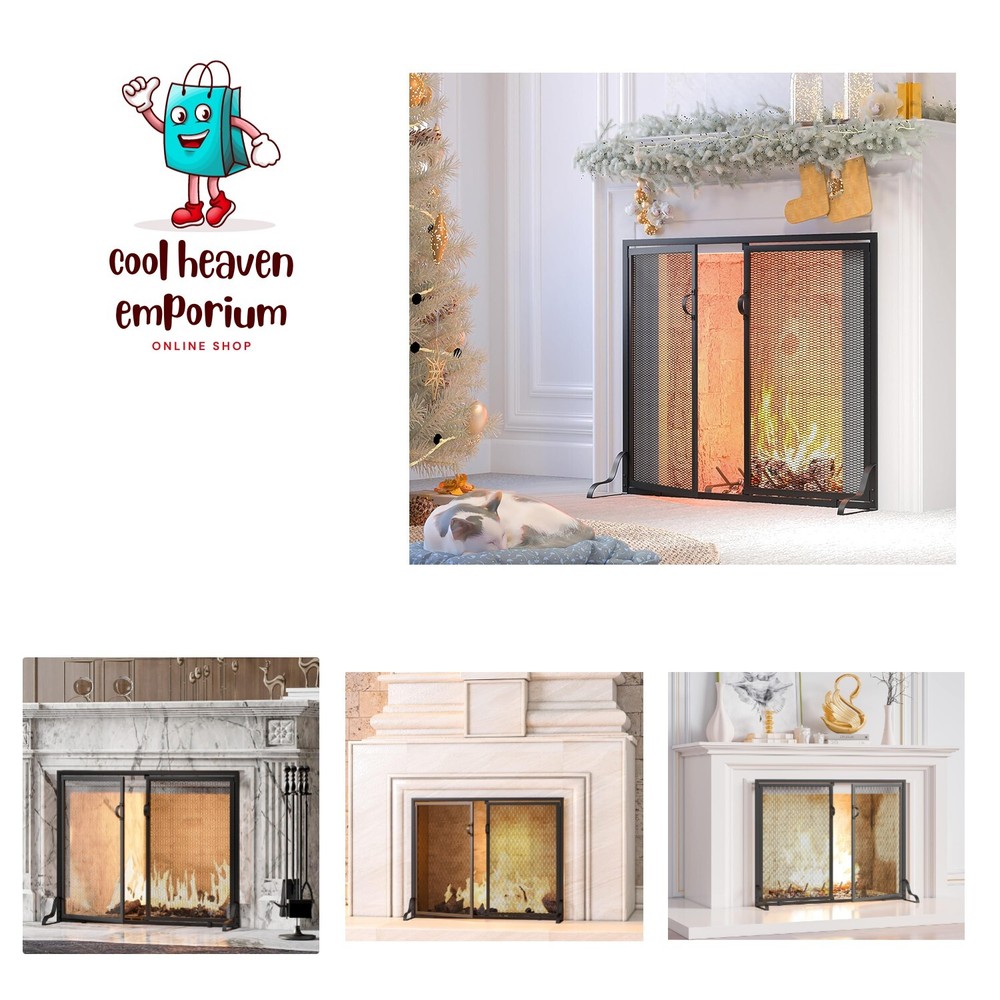 Fireplace Screen with Magnetic Doors, 2-Pannel Handcrafted Solid Wrought Iron...