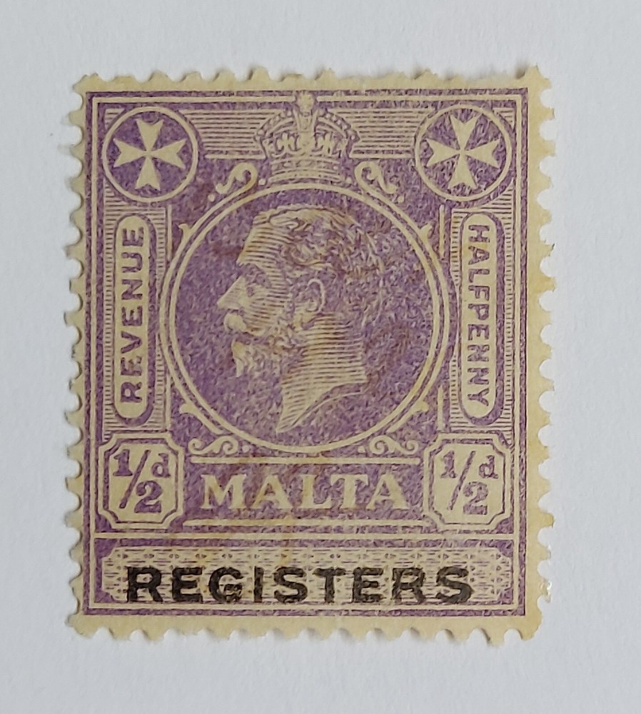 1925-30 Malta, KGV ½d violet, Perf 14.  Wmk Multiple Script CA. -  REGISTERS