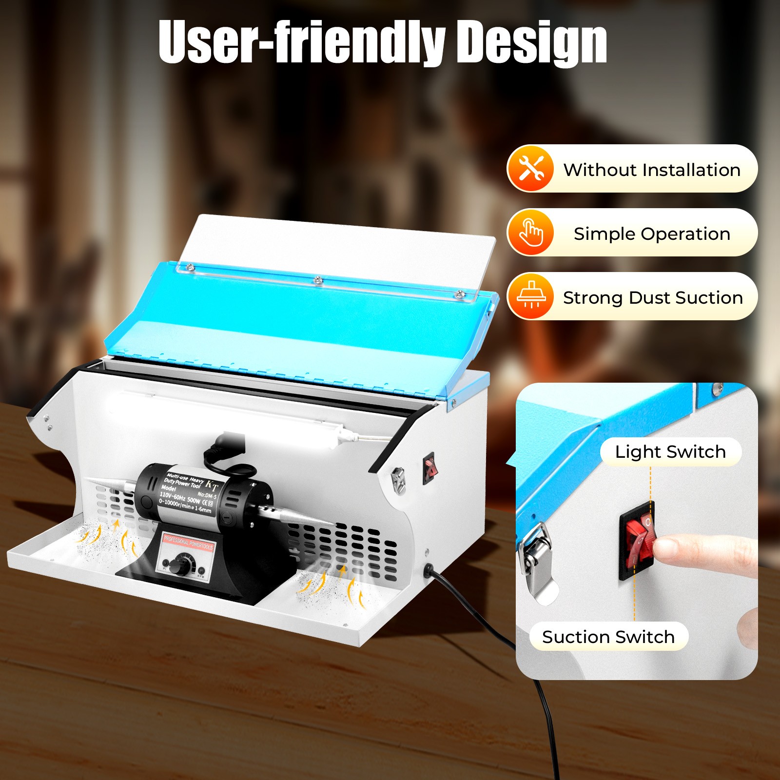 Benchtop Polishing Buffing Machine Jewelry Polisher Dust Collector W/ Light 200W