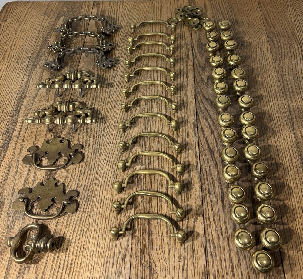 Vintage Antique Lot Brass Drawer Pulls Heavy Knobs Handles Furniture Hardware