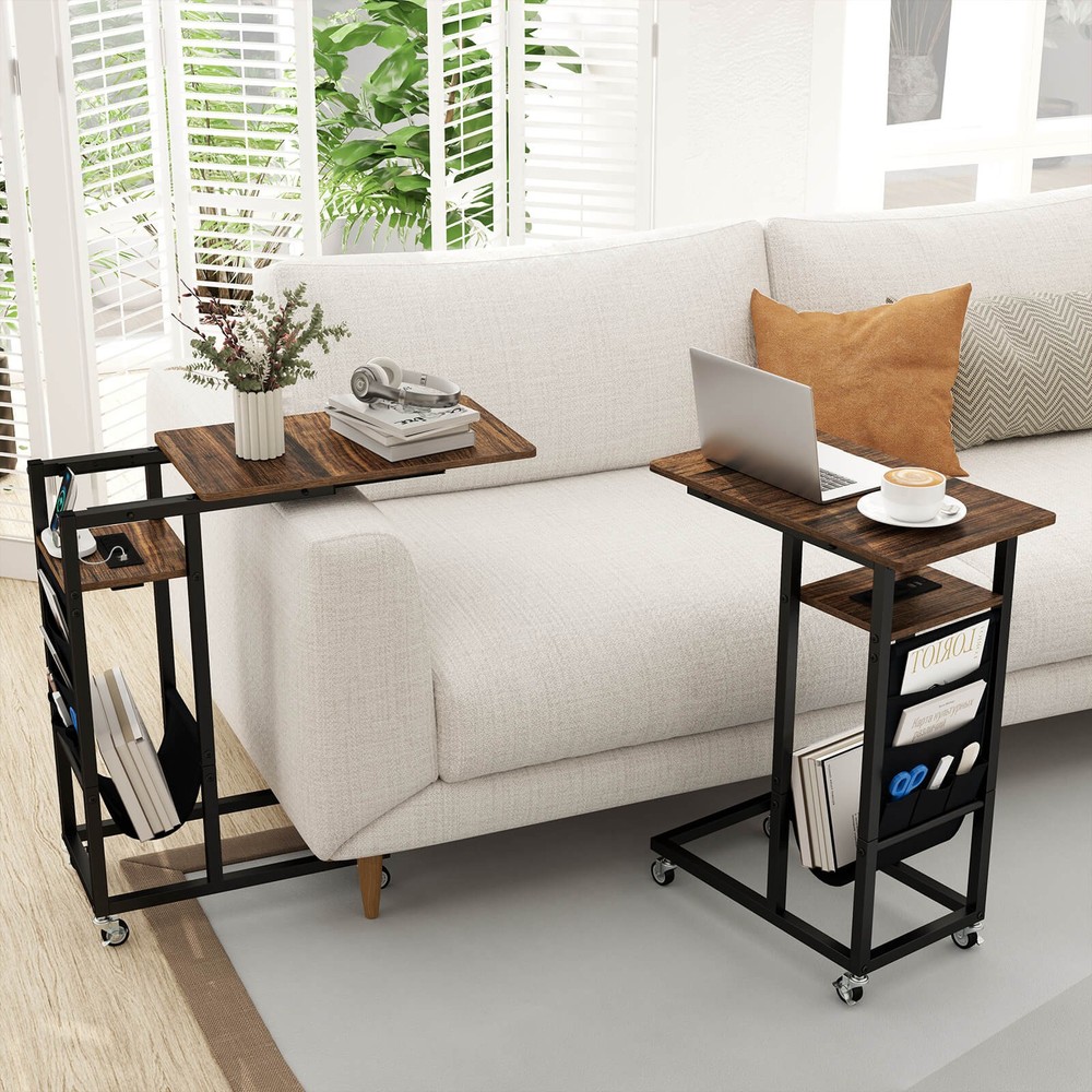C-shaped End Table w/ Charging Station Rolling Bedside Table Couch Side Table