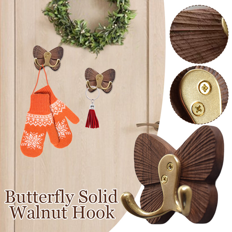 Butterfly Solid Wood Creative Walnut Traceless Adhesive Coat Door Clothes Hook.