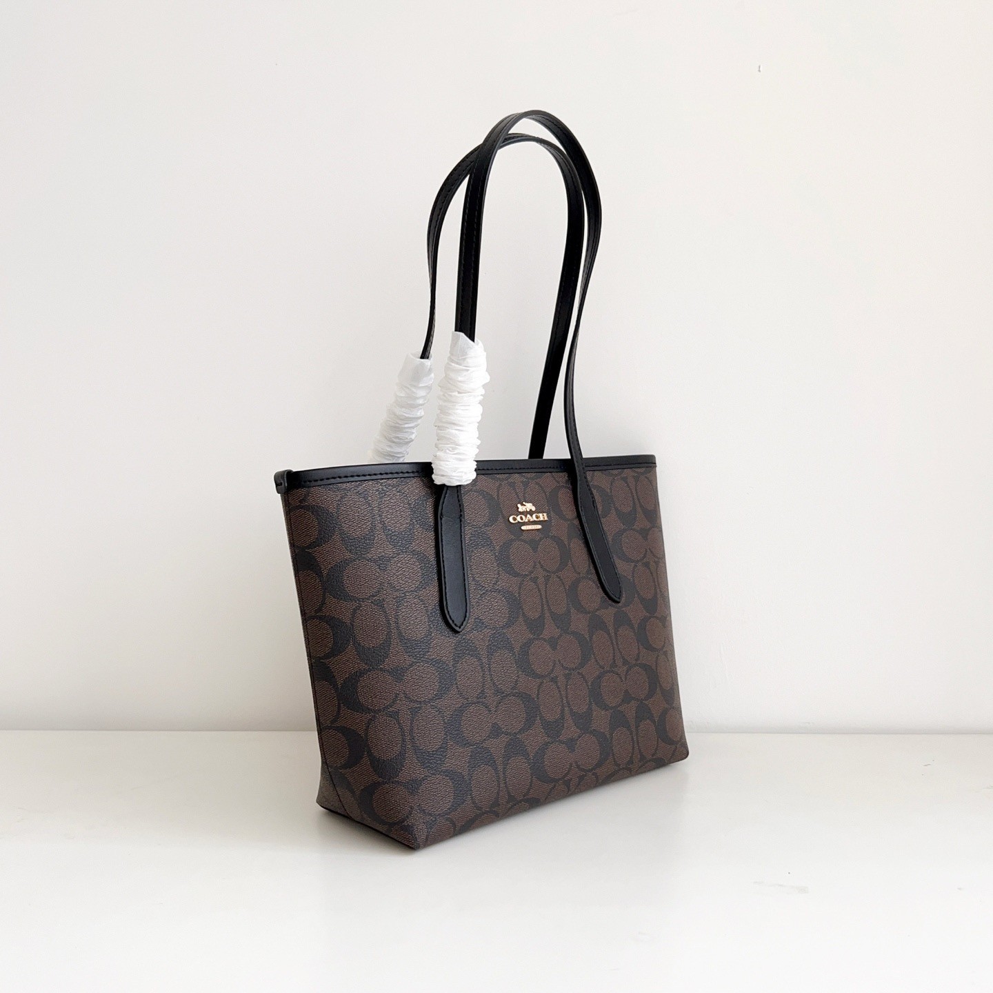 COA CU759 Small City Tote Signature Coated Canvas Black Brown Outlet Brand New