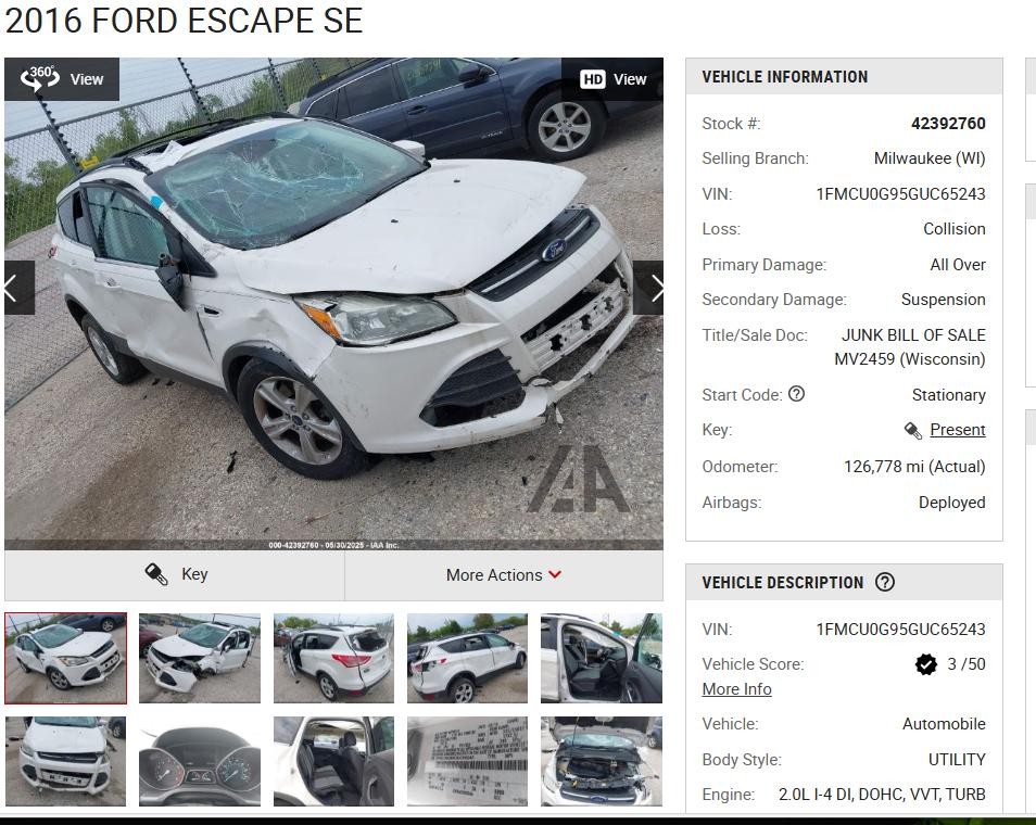 Used Floor Jack fits: 2016 Ford Escape  Grade A
