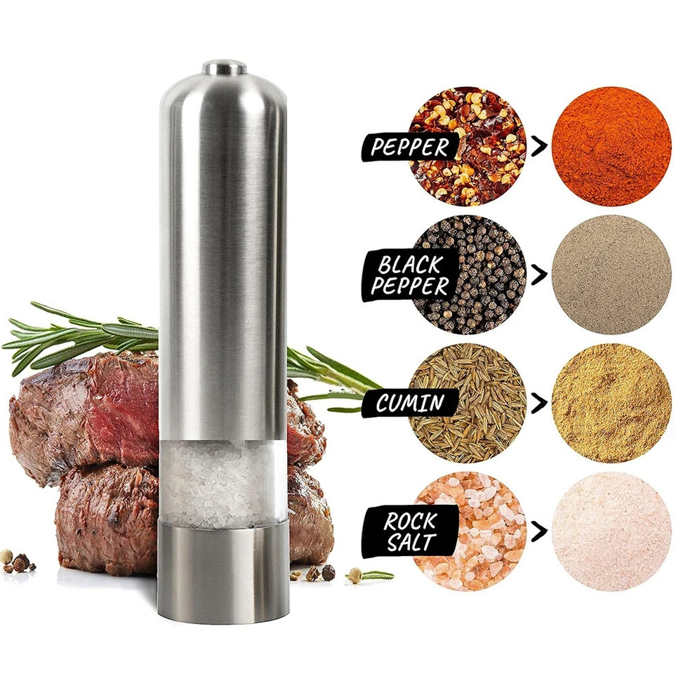 Adjustable Electric Salt Pepper Grinder Mill Shakers Set Stainless Steel (2PACK)