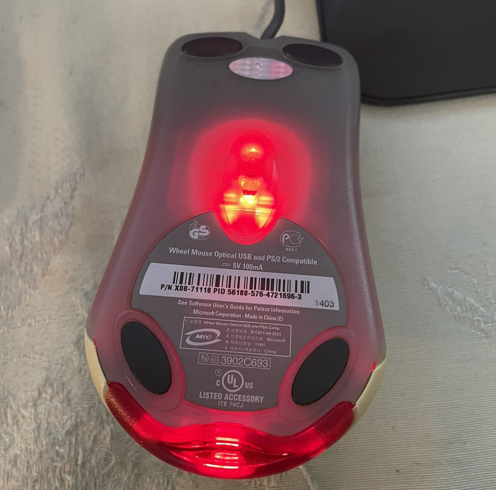 Vintage Microsoft Wheel Red Light Mouse Optical UBS, PS/2 Compatible Beige