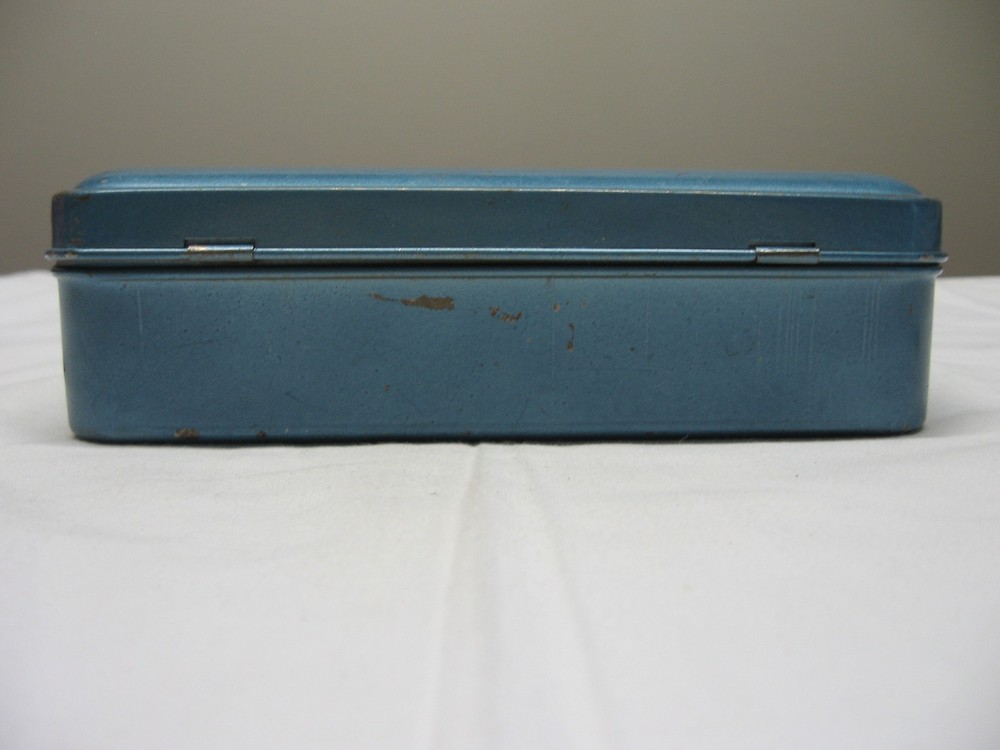 Vintage Empty Sewing Machine Accessories Tin Hinged Lid Box Blue