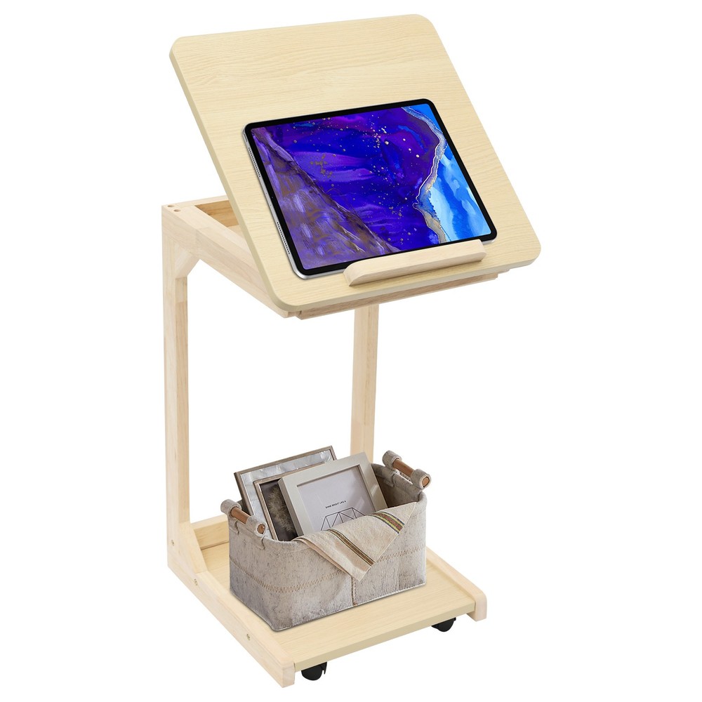 2-tier C Shaped Table Adjustable Angle C Table with Wheels 25kg Load Couch Table