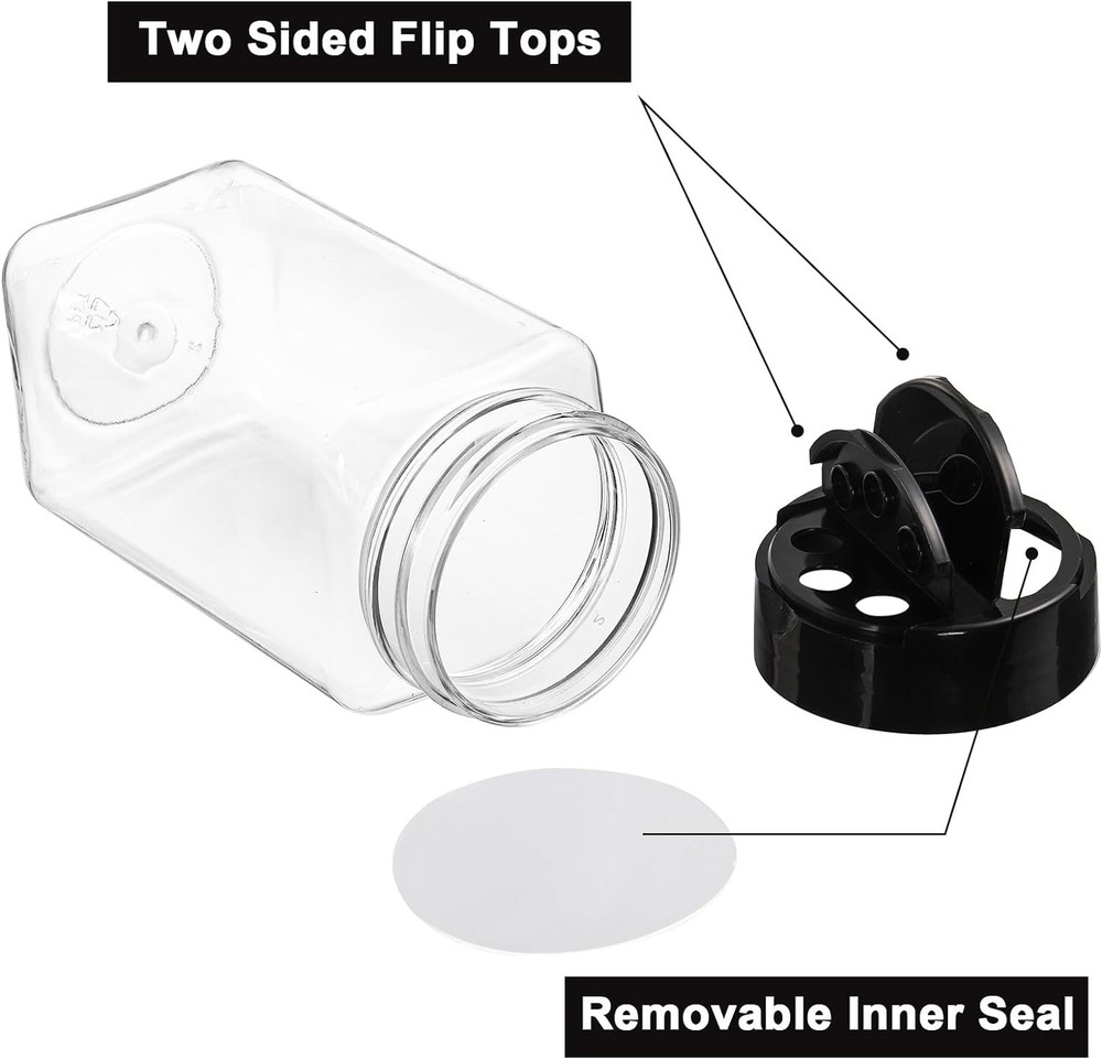 16 Pack 9 oz Plastic Spice Jars with Black Cap, Plastic Spice Bottles Empty S...