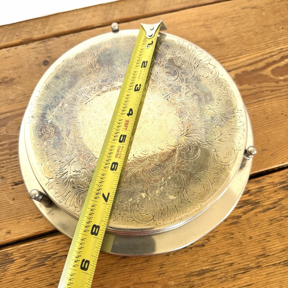 Vtg 70’s Silver Plate Scroll Design Engraved Round 5 Pc Trivet Set W/ Holder 7.5