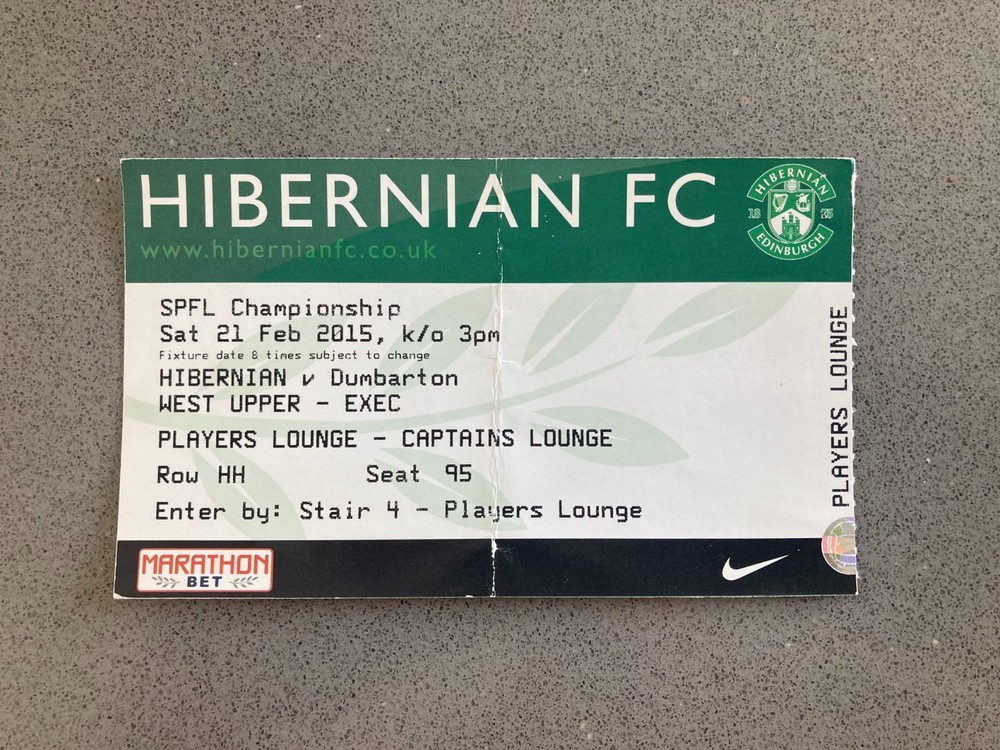 Hibernian v Dumbarton 2014-15 Match Ticket