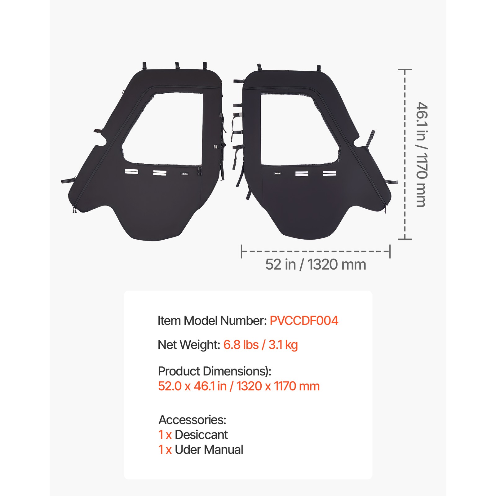 Soft UTV Cab Enclosure Upper Doors Zipper Set for Hisun 500 700/Axis 500 700