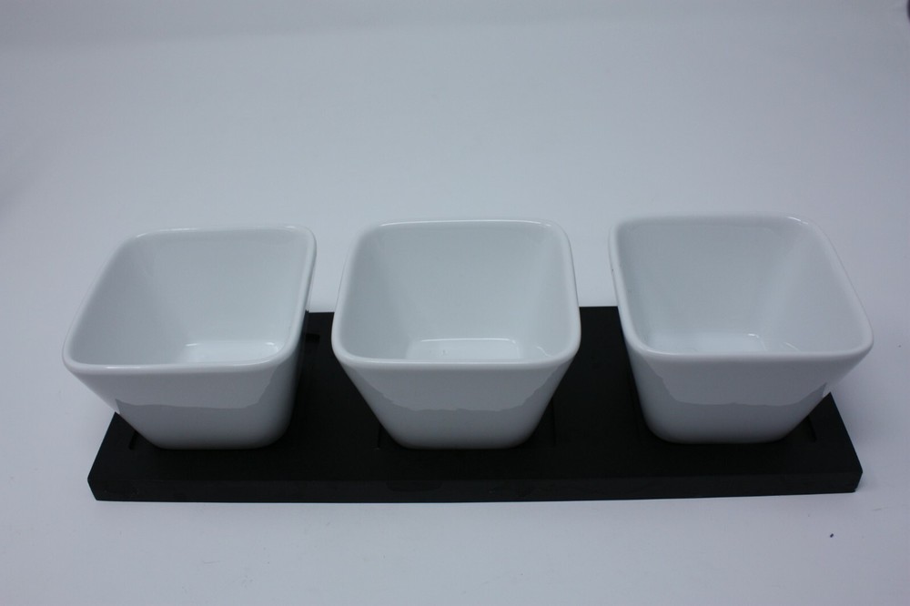 Simple Dining Entertaining 4 pc ceramic tidbit serving set in white w/black tray
