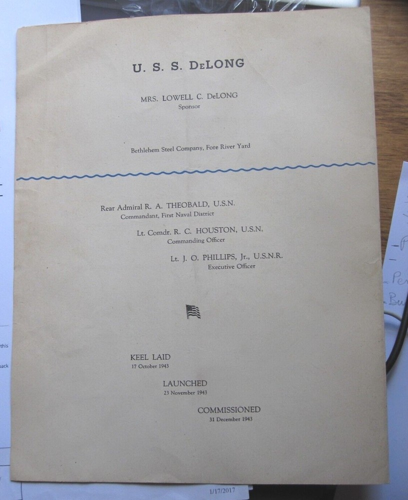 WWII U.S.S. DeLong Launching Commissioning Program - Dec 31, 1943