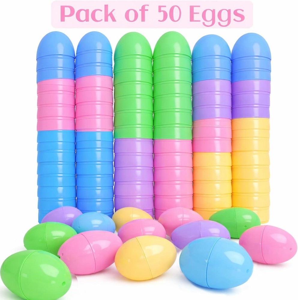 Pastel Color Easter Eggs - 50 Piece Assorted Bulk 2.3" x 1.75" Plastic Eggs Hing