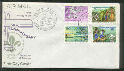 PAPUA 1976 50th Ann BOY SCOUTS FLOAT AIRPLANE FDC