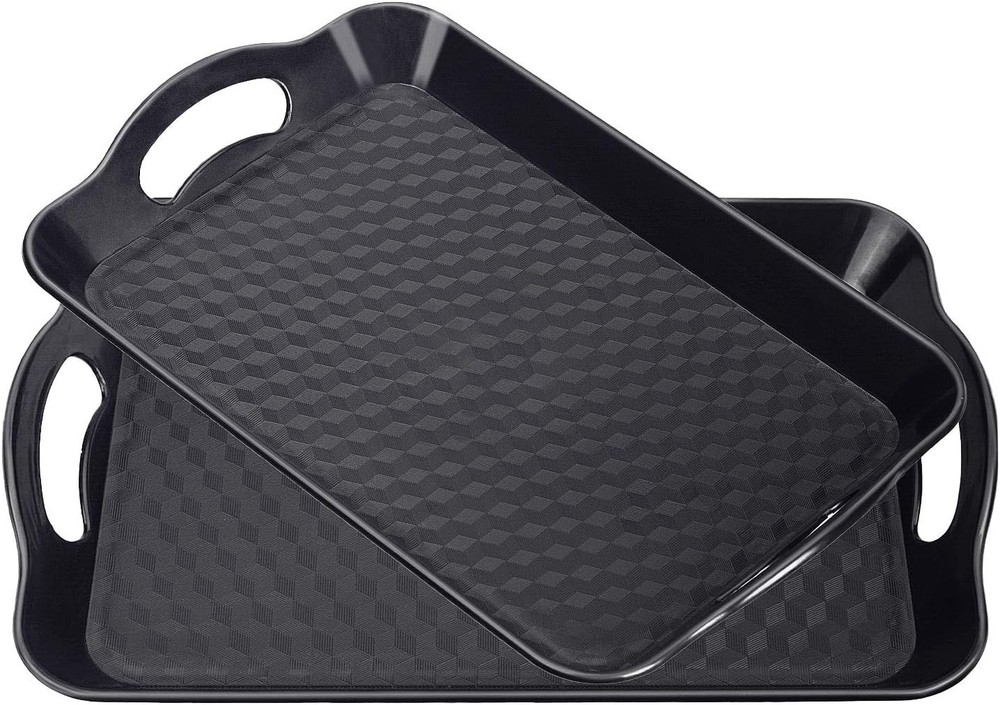 Plastic Tray with Handles, 2 Pack Multi-Purpose Rectangular Large, Black-a
