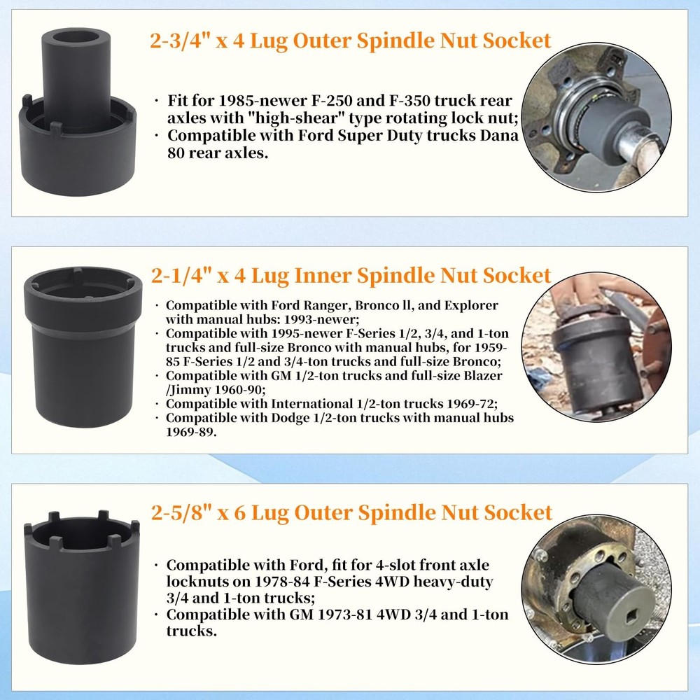 Spindle Nut Socket Tool Kit, 6 Pcs Axle Hug Lock Nut Socket Remover Installer...