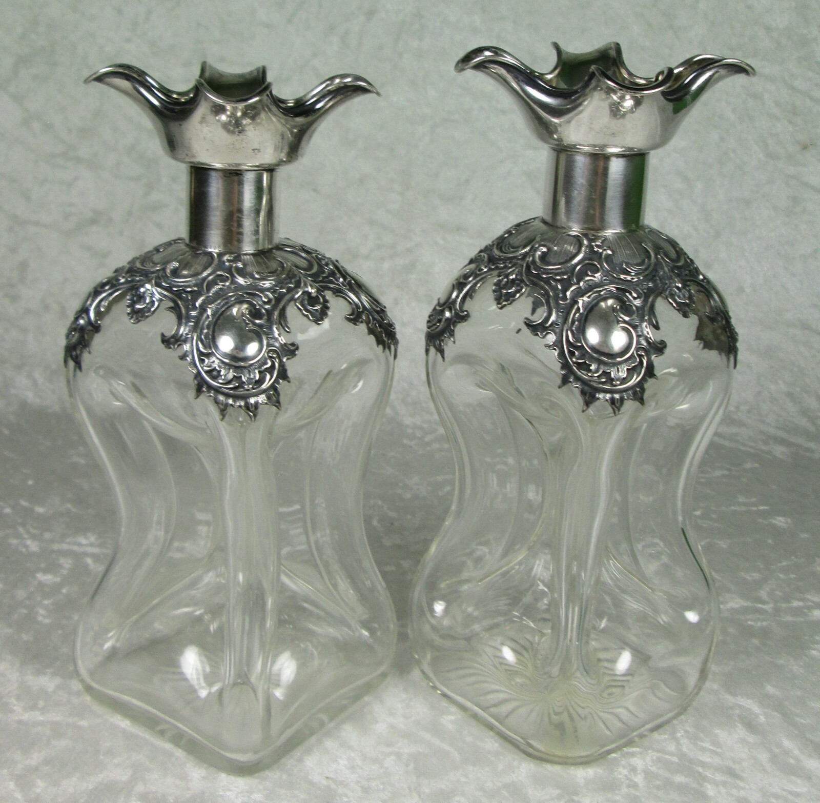 Wilhelm Binder Art Nouveau Decanters 800 Silver Overlay Pinched Glass Antique