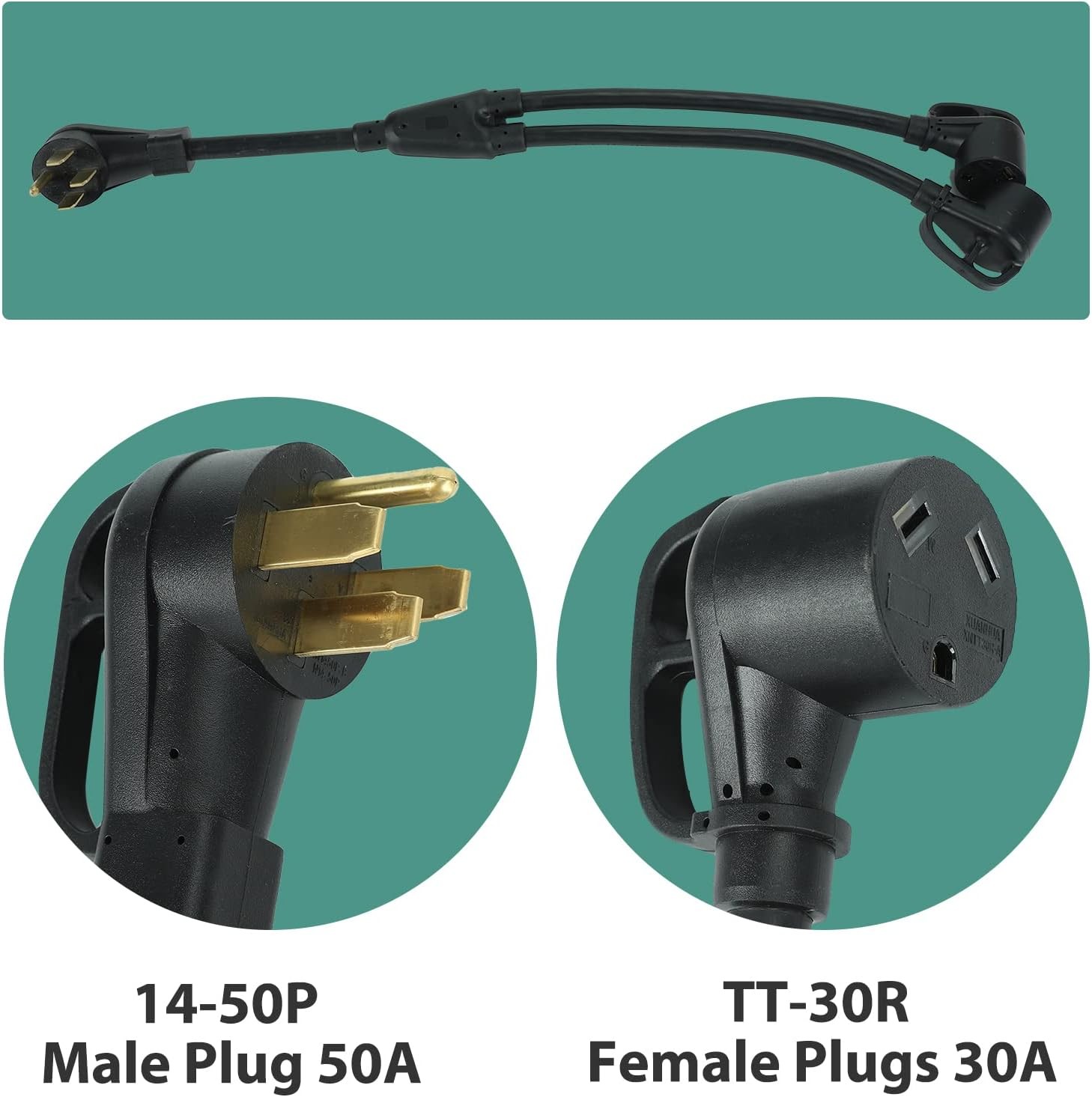 50 Amp 14-50P Male Plug to Two 30 Amp TT-30R Female RV Y Adapter Cord