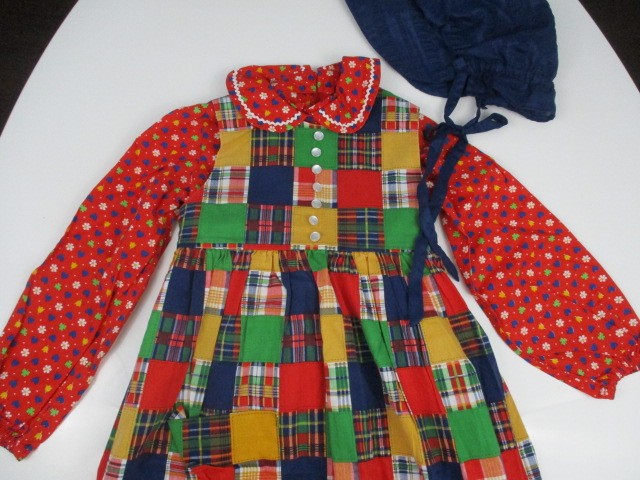 Pilgrim Pioneer Costume Girl Colonial Prairie Dress Apron Bonnet Floral Plaid