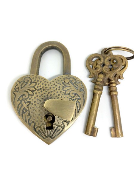 2 Solid Brass Love Heart Padlocks – Heavy Antique Style Locks with 4 Working Key
