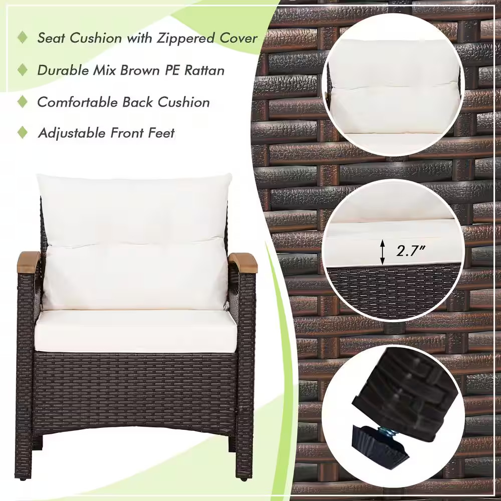 3-Piece Patio Rattan Furniture Set Wooden Armrest Table Top Cushioned Deck in of