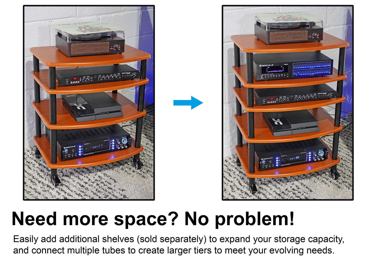 Rockville FLX Classic Wood Adjustable Height 4 Shelf Home Theater A/V Rack Stand