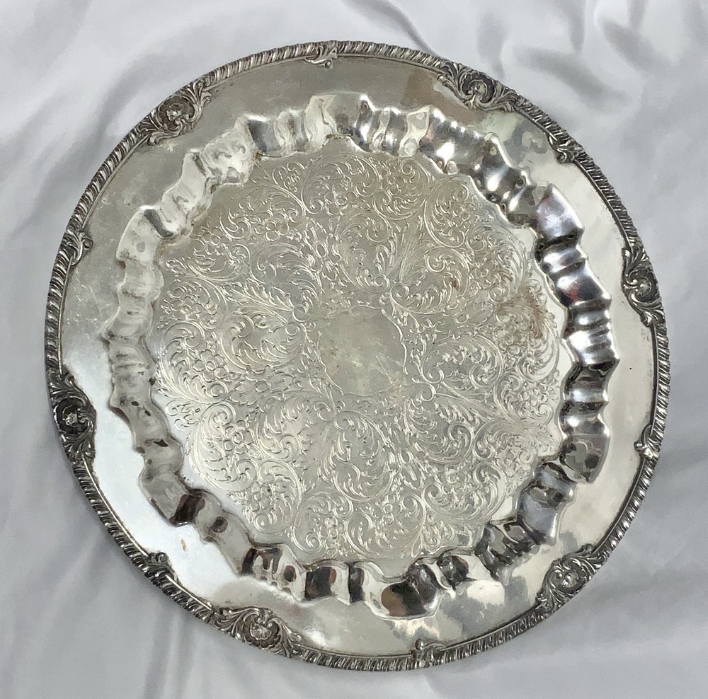 Vintage Coronet Silver on Copper 15-1/2" Round Ornate Footed Serving Tray