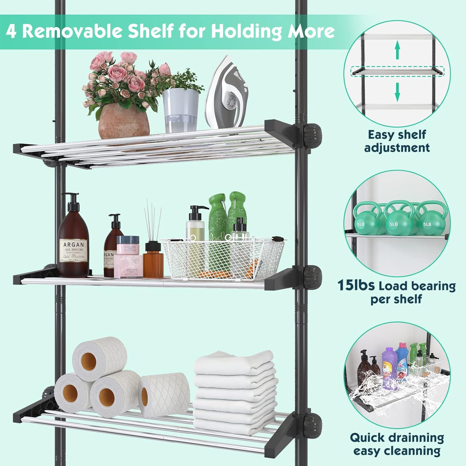 4-Tiers- 97 to 116" Adjust Tension Pole room Toilet Organizer Shelves Rack Black