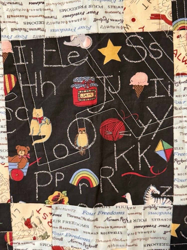 New Patchwork Quilt Throw Blanket Handmade Signed Reversible ABCs Cats 57”x42”