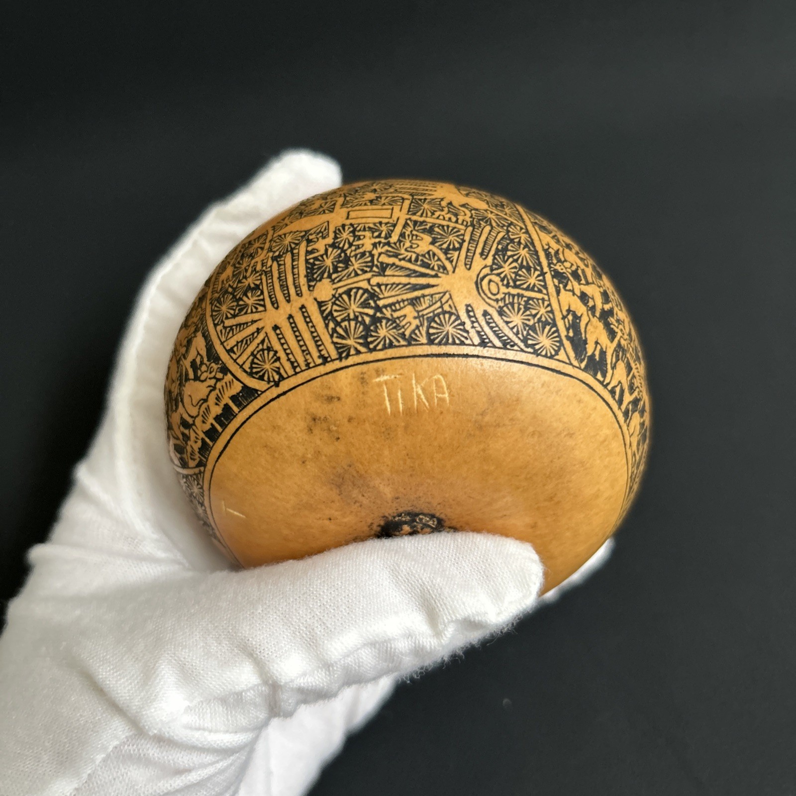 Exquisitely Hand-Carved Natural Gourd with Peruvian Cultural Motifs and Totems