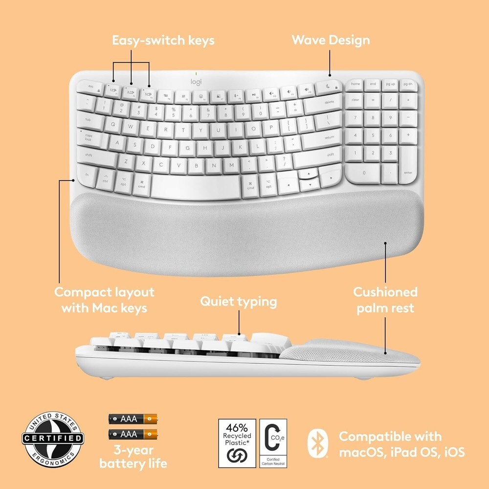 Logitech Wave Keys for Mac, Wireless Ergonomic Keyboard, for Mac, Apple, iPad
