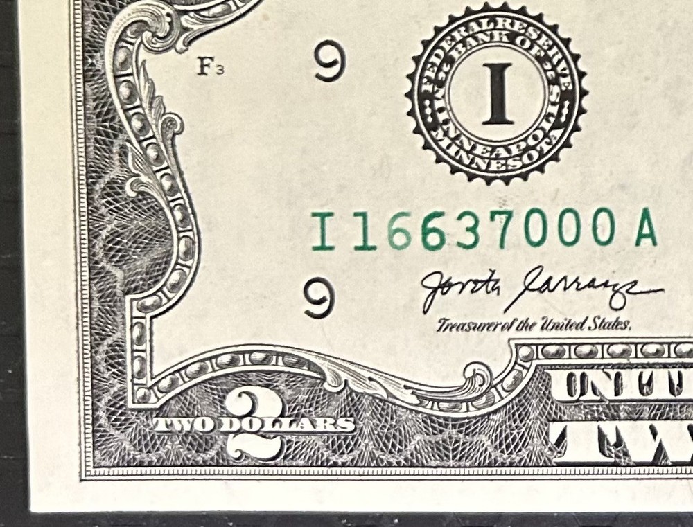 2017A Error Note U.S. Two Dollar Bill under inked / over inked 6’s lower  S/N