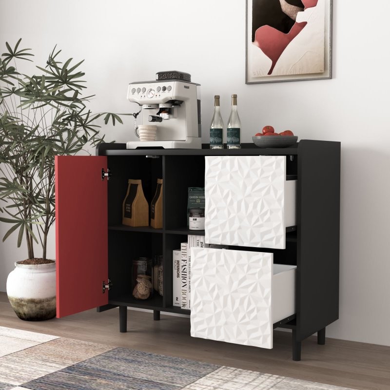 Sideboard Buffet Cabinet Modern Coffee Console with Storage,Red Doors,2 Drawers