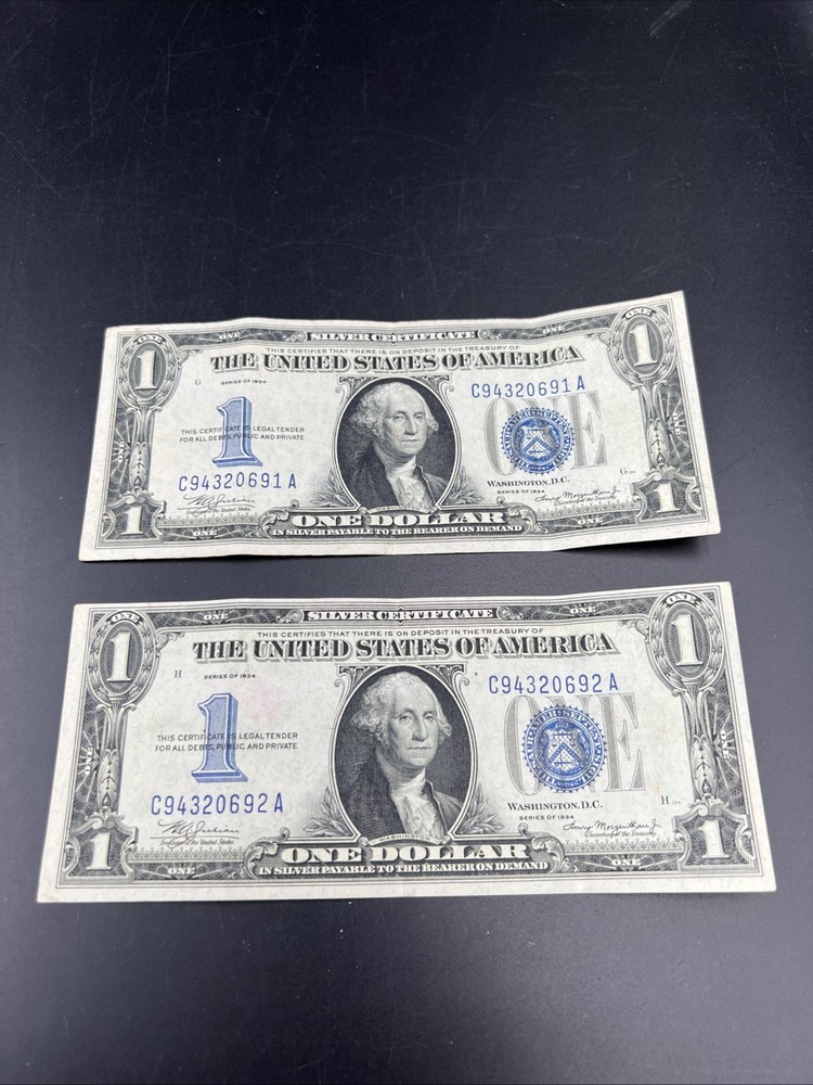 2 Consecutive 1934 $1 One Dollar Silver Certificates Funny Back Notes CH VF #92