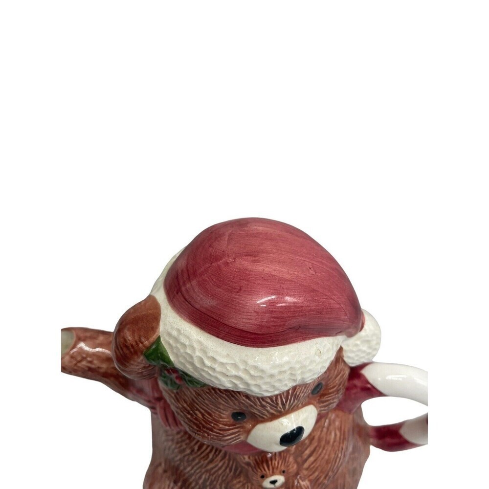 Christmas Brown Bear Teapot Candy Cane Handle RARE Ceramic