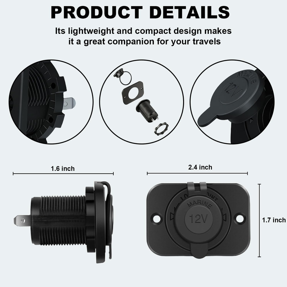 2 Pack 12V Cigarette Lighter Socket, DC Waterproof Female Power Outlet Socket Re