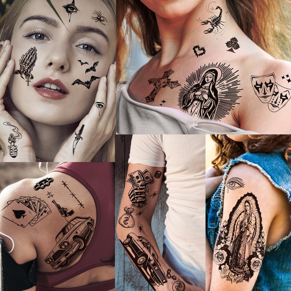 12 Sheets Large Chicano Temporary Tattoos, Cholo and Chola Multiple, Black