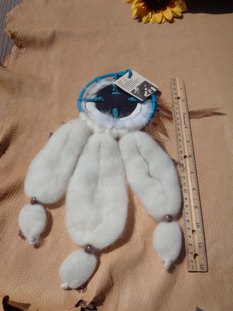 Native American 5" Mandella Wool Feathers Leather Blue