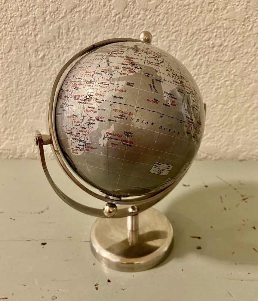 Metal Chrome World Globe Map Rotating Desktop Decor 8” Tall