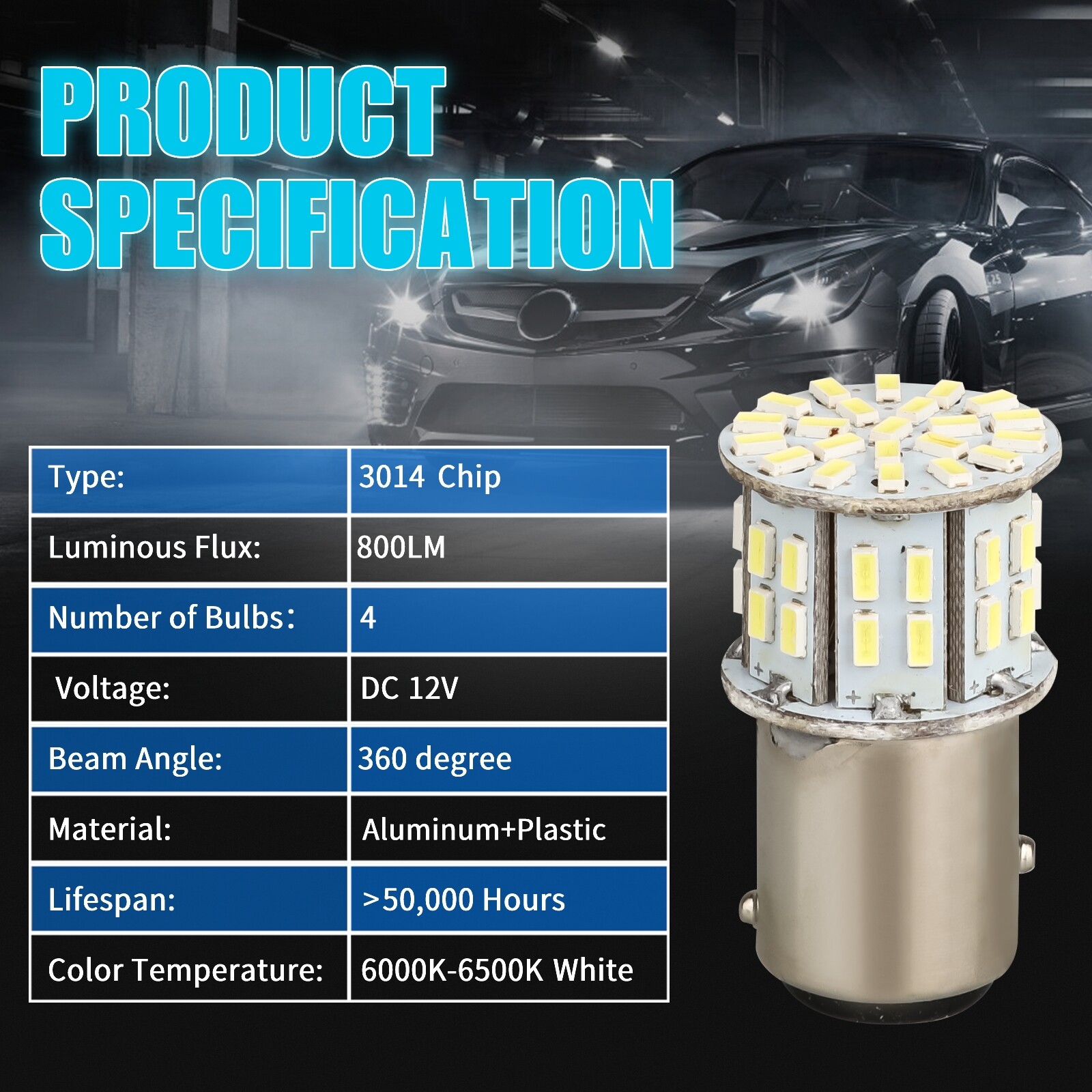 4x 1157 50-SMD LED Tail Brake Stop Reverse Parking Light Bulbs 6000K Super White